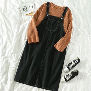 Plain Round-neck Long-sleeve Knit Top / Denim Jumper Dress