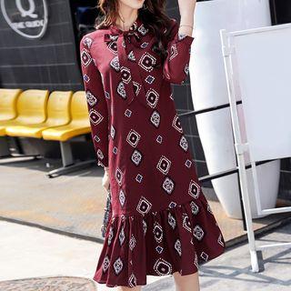 Ruffle Hem Printed Long-sleeve Chiffon Dress