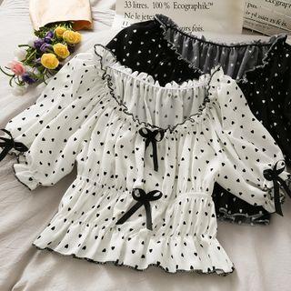 Off-shoulder Ribbon-front Printed Crop Top