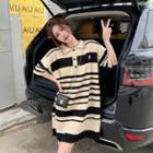 Short-sleeve Striped Polo Dress Stripes - Black & Beige - One Size