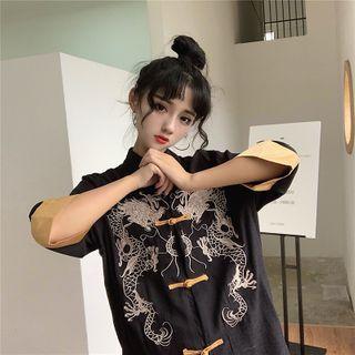 Elbow-sleeve Embroidered Frog-buttoned Shirt As Shown In Figure - One Size