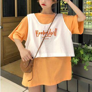 Letter Embroidered Mock Two-piece Elbow-sleeve T-shirt