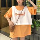 Letter Embroidered Mock Two-piece Elbow-sleeve T-shirt