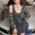 Plaid Long-sleeve Shirt / Printed Mini Tank Dress