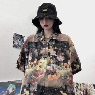 Printed Short-sleeve Button-down Shirt As Shown In Figure - One Size