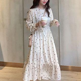Polka Dot Crewneck Long-sleeve Dress