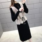 Set: Mock-turtleneck Knit Dress + Drawstring Knit Vest