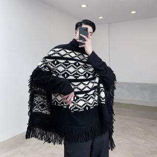 Patterned Tasseled Cape Black & White - One Size