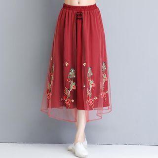 Flower Embroidered Midi A-line Skirt Brick Red - One Size