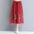 Flower Embroidered Midi A-line Skirt Brick Red - One Size