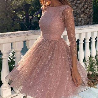 3/4-sleeve Glitter A-line Dress