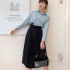 Set: Long-sleeve Striped Shirt + A-line Midi Pleated Skirt