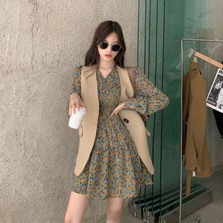 Long-sleeve Flower Print Mini A-line Dress / Single-button Vest