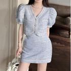 Short-sleeve Button-up Tweed Top / Fitted Mini Skirt