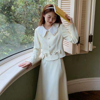 Set: Peter Pan Collar Bow Accent Blouse + Midi A-line Skirt