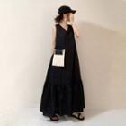 Sleeveless V-neck Maxi A-line Dress Black - One Size