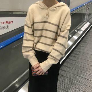 Striped Knit Buttoned Hoodie Almond - One Size