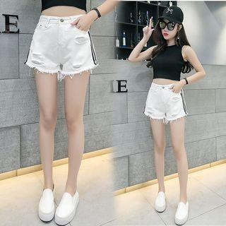 Contrast Trim Raw Hem Denim Shorts