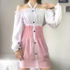Long-sleeve Off Shoulder Shirred Panel Dress