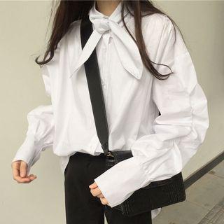 Plain Bow-accent Loose-fit Long-sleeve Blouse
