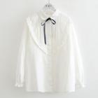 Long-sleeved Tie-neck Blouse White - One Size