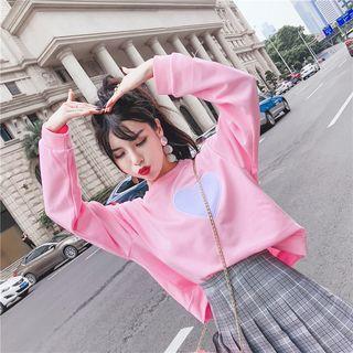 Set: Heart Long-sleeve Loose-fit Pullover + Plaid Pleated Skirt