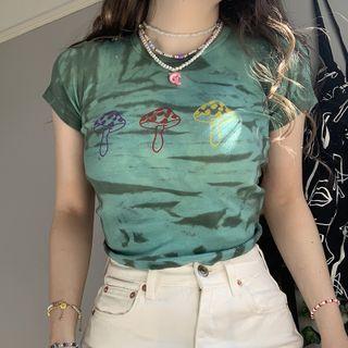 Short Sleeve Tie-dyed Mushroom Print Crop Top