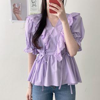 Puff-sleeve Lace Ruffled Blouse