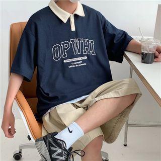 Elbow Sleeve Polo Neck Print T-shirt