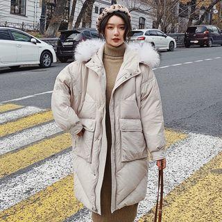 Furry Trim Letter Embroidered Hooded Padded Zip Coat