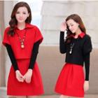 Set: Knit Panel Long-sleeve A-line Dress + Plain Short-sleeve Top