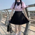 Plain Short-sleeve Shirt / High-waist Plain Pleated Mini Skirt