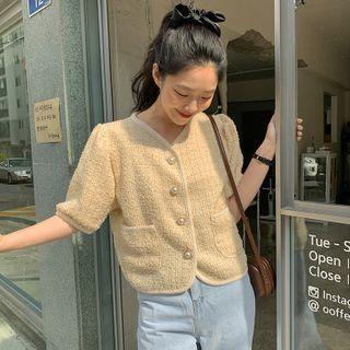 Short-sleeve V-neck Faux Pearl Knit Cardigan