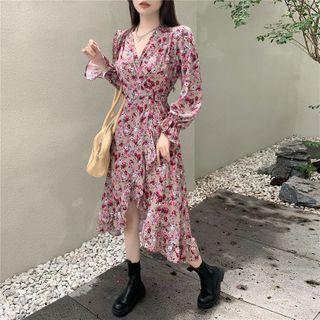 Floral Print V-neck Ruffle Trim Dress