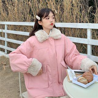 Faux-fur Collar Padded Coat Pink - One Size