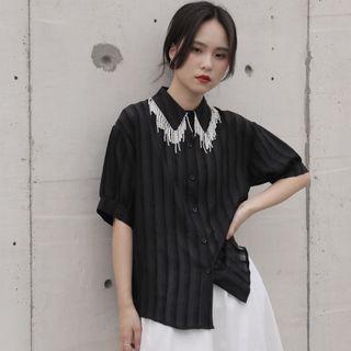 Puff-sleeve Faux Pearl Fringe Blouse