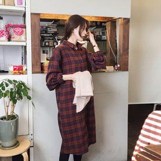 Elasticized-sleeve Check Midi Shirtdress