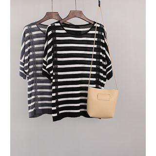 Lace Trim Striped Elbow-sleeve Knit Top