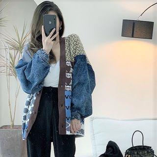 Pattern Denim Panel Loose-fit Cardigan Blue - One Size