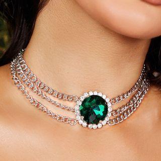 Faux Crystal Rhinestone Layered Choker Green - One Size