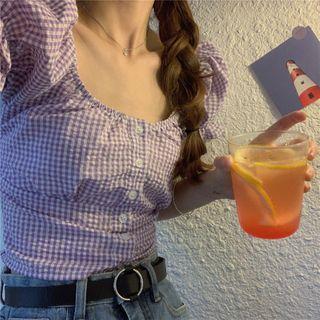 Balloon-sleeve Gingham Blouse Plaid - Purple - One Size