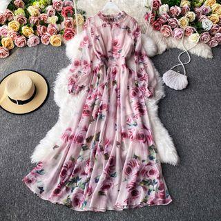 Rose Print Long-sleeve Chiffon Dress