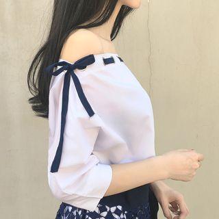 Set: Bow Accent Off Shoulder Elbow Sleeve T-shirt Dress + Crochet Skirt