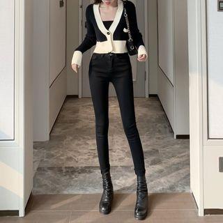Two-tone Cropped Cardigan / High-waist Skinny Pants