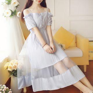 Short-sleeve Cold-shoulder Mesh Overlay A-line Dress