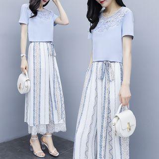 Set: Short-sleeve Lace-panel Top + Wide-leg Pants