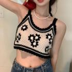 Flower Cropped Knit Camisole Top Flower - Black & White - One Size