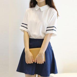 Set: Striped-trim Blouse + Denim Skirt