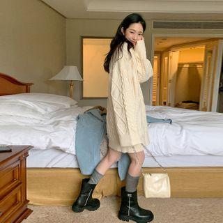 Shawl-collar Cable-knit Mini Dress