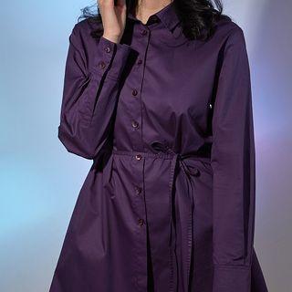 Plain Long-sleeve Tie-waist Shirtdress